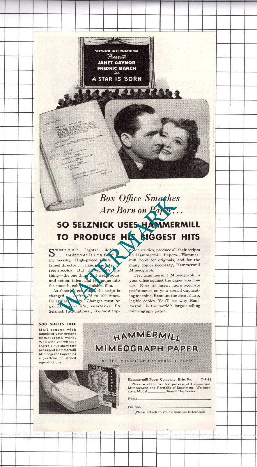 Hammermill Paper Co Erie Janet Gaynor Fredric March Advert - 1937 Clipping