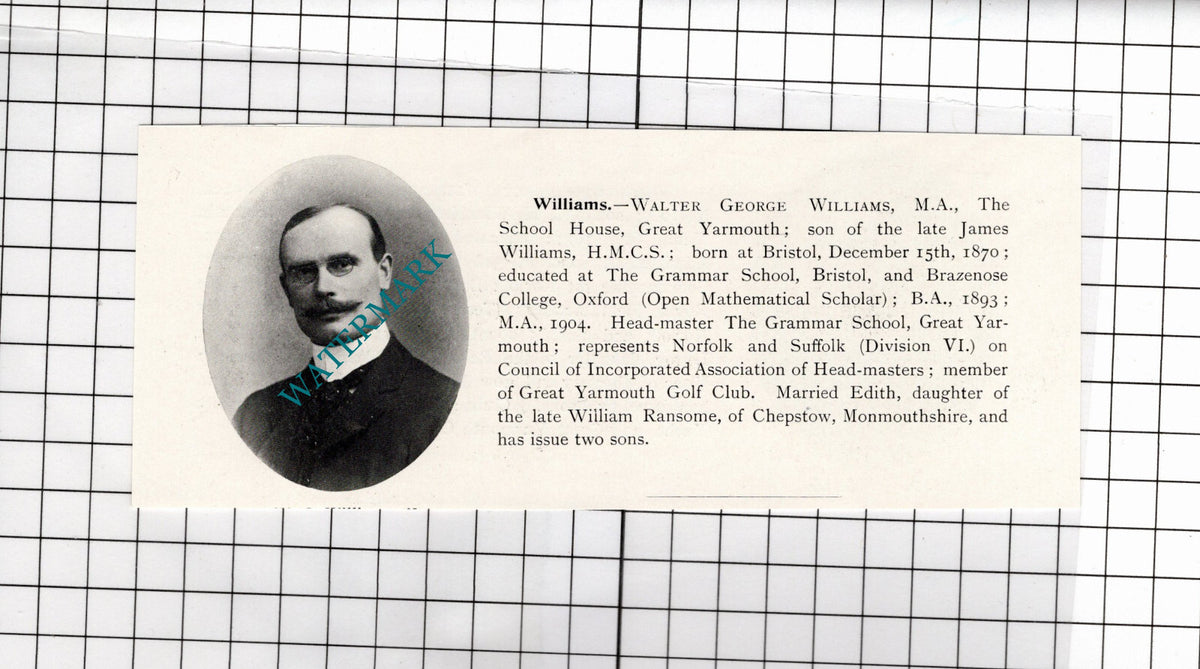 Percy Wiltshire Gorleston Norfolk / Walter Williams Great Yarmouth 1911 Clipping
