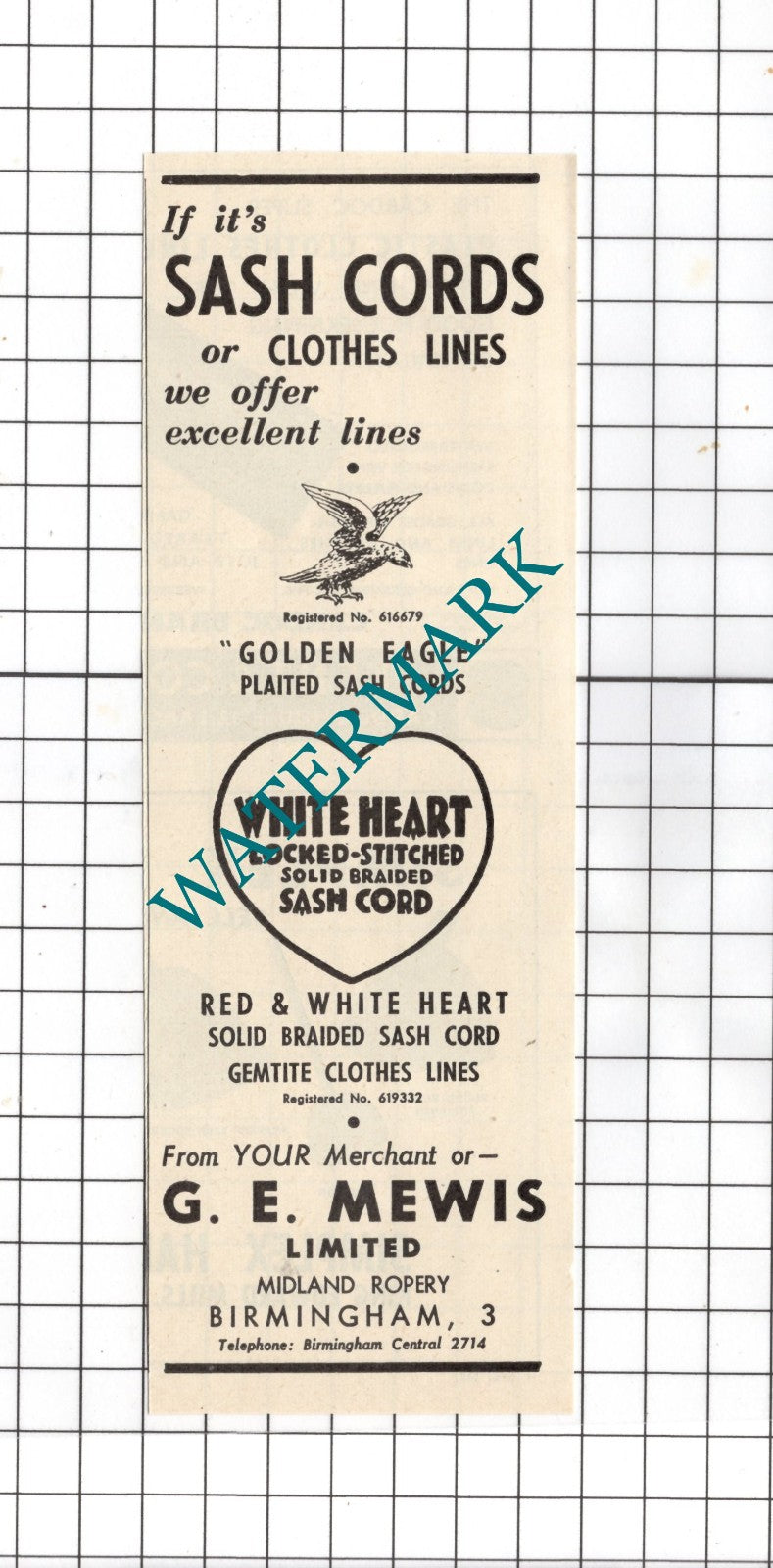 G E Mewis Ltd Midland Ropery Birmingham - 1954 Small ADVERT