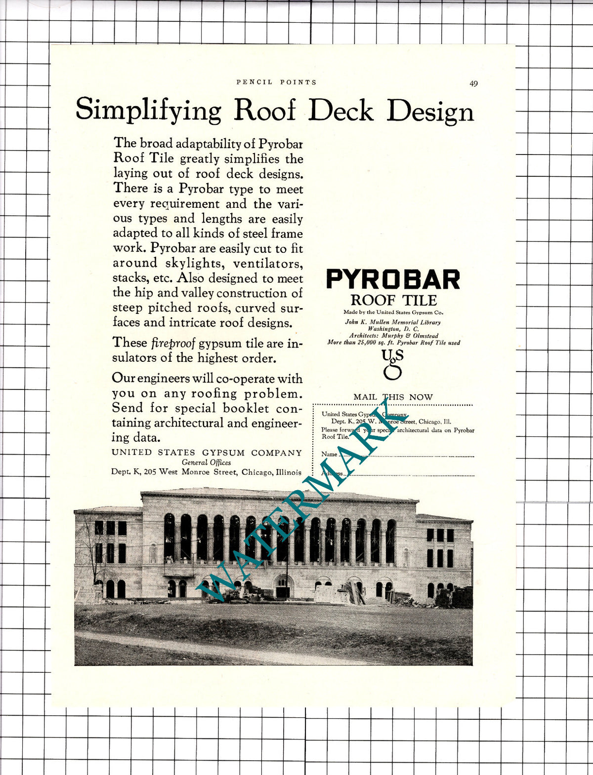 John K Mullen Memorial Library Washington DC United States Gypsum c. 1926 Advert