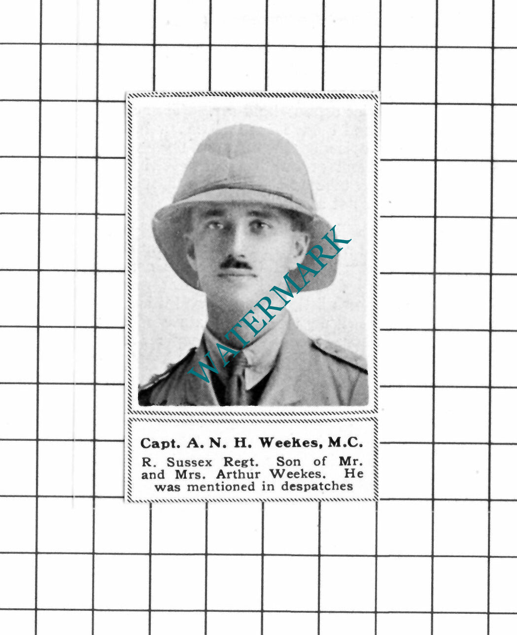 Captain A N H Weekes Royal Sussex Arthur WW1 - c.1918 SMALL Clipping / Print