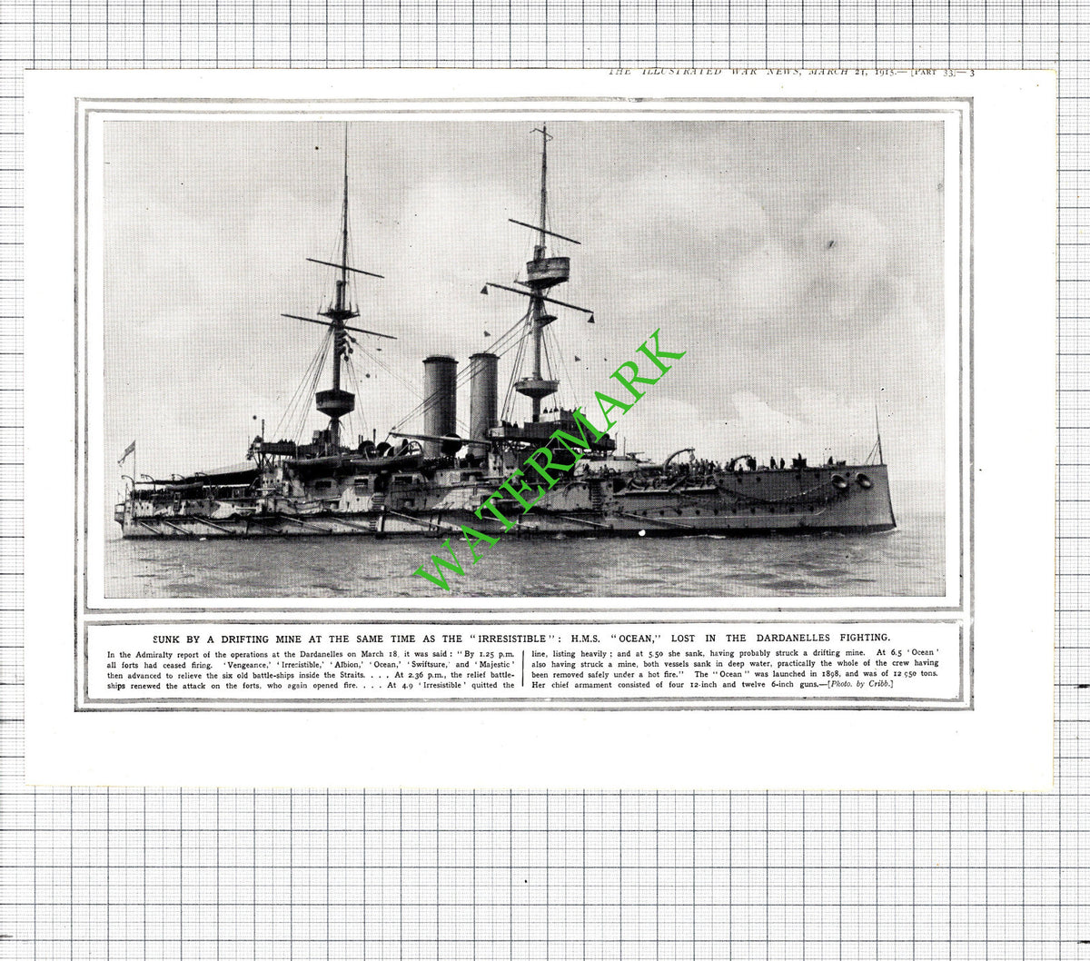 HMS OCEAN Dardanelles World War One WW1 - 1915 Cutting / Print