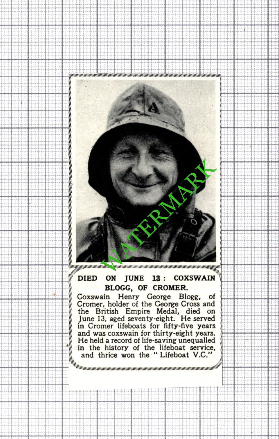 Coxwain Henry George Blogg Cromer Lifeboat Obituary -1954 SMALL Cutting