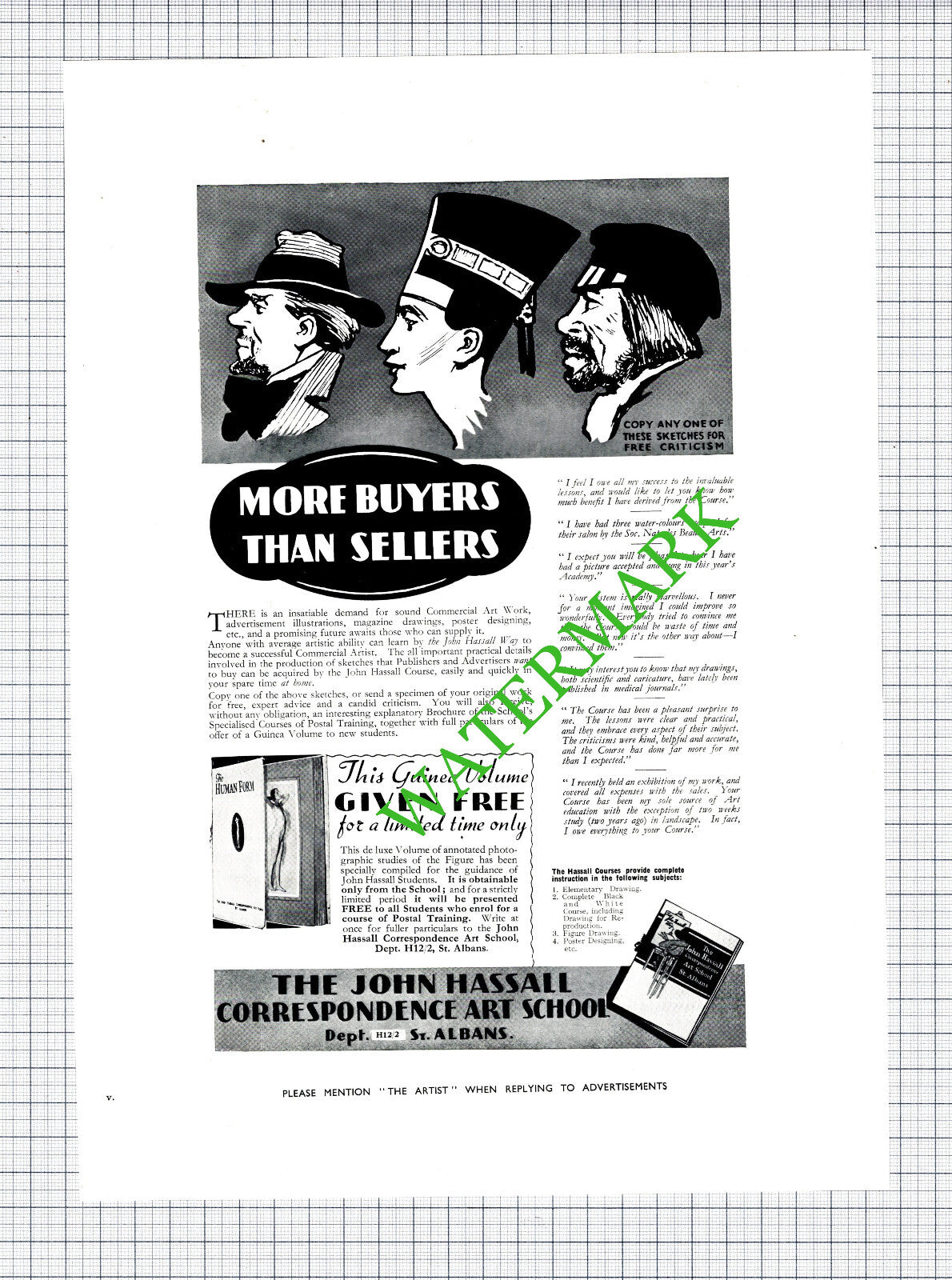 The John Hassall Correspondence Art School Advert - 1930's Cutting / Print