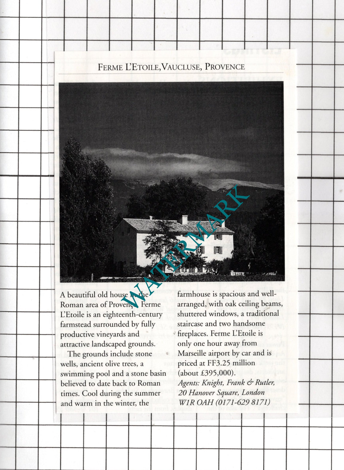 Ferme L'Etoile Vaucluse Provence France House Sale Advert - 1995 Cutting