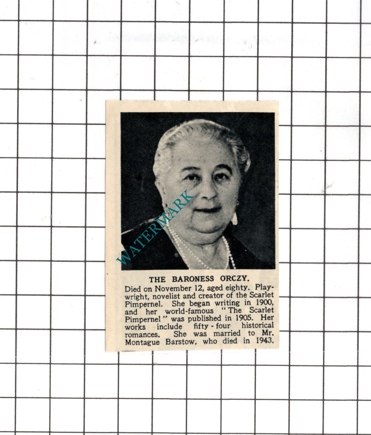 The Baroness Orczy Obituary - 1947 SMALL News Cutting