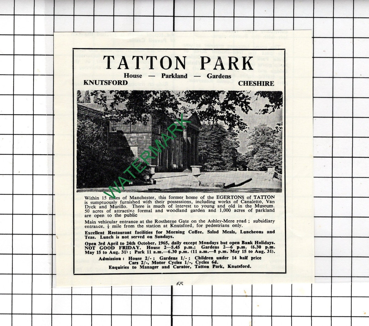 Tatton Park Knutsford Cheshire - 1965 Small Advert