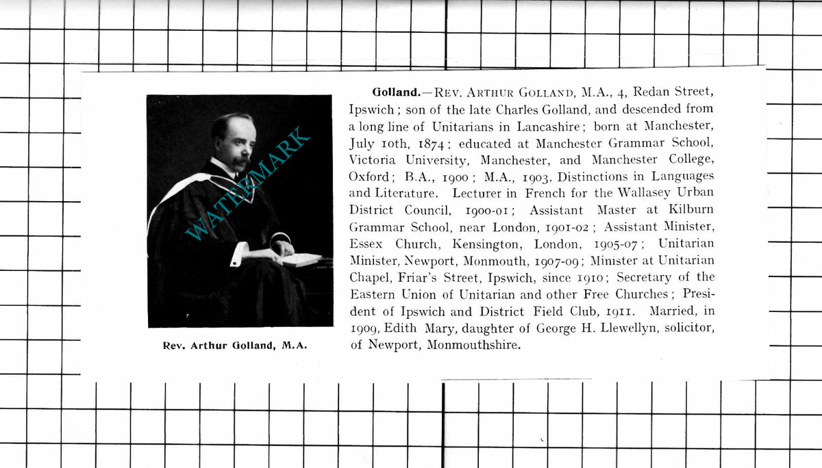 Rev Arthur Golland Ipswich Suffolk - 1911 Clipping