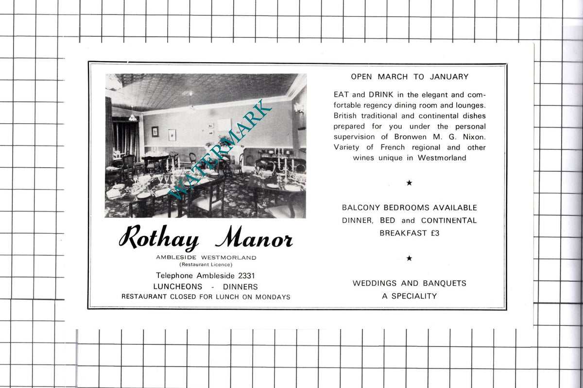 Rothay Manor Ambleside Bronwen Nixon Advert - c.1968 Cutting
