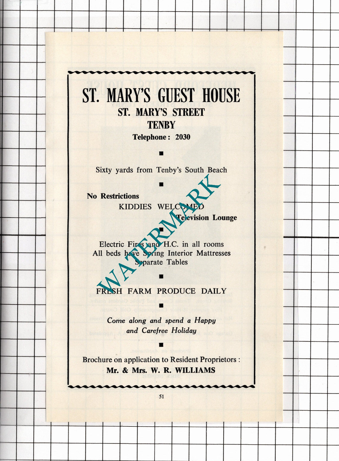 Hereford Guest House Tenby Wales Homer / St Mary's Guest House - 1962 ADVERT