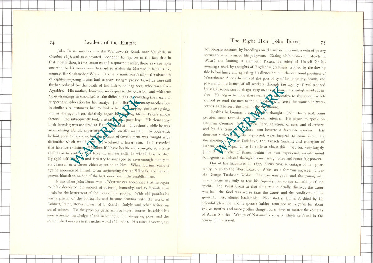 The Right Hon John Burns MP -- c.1920 Print / Article