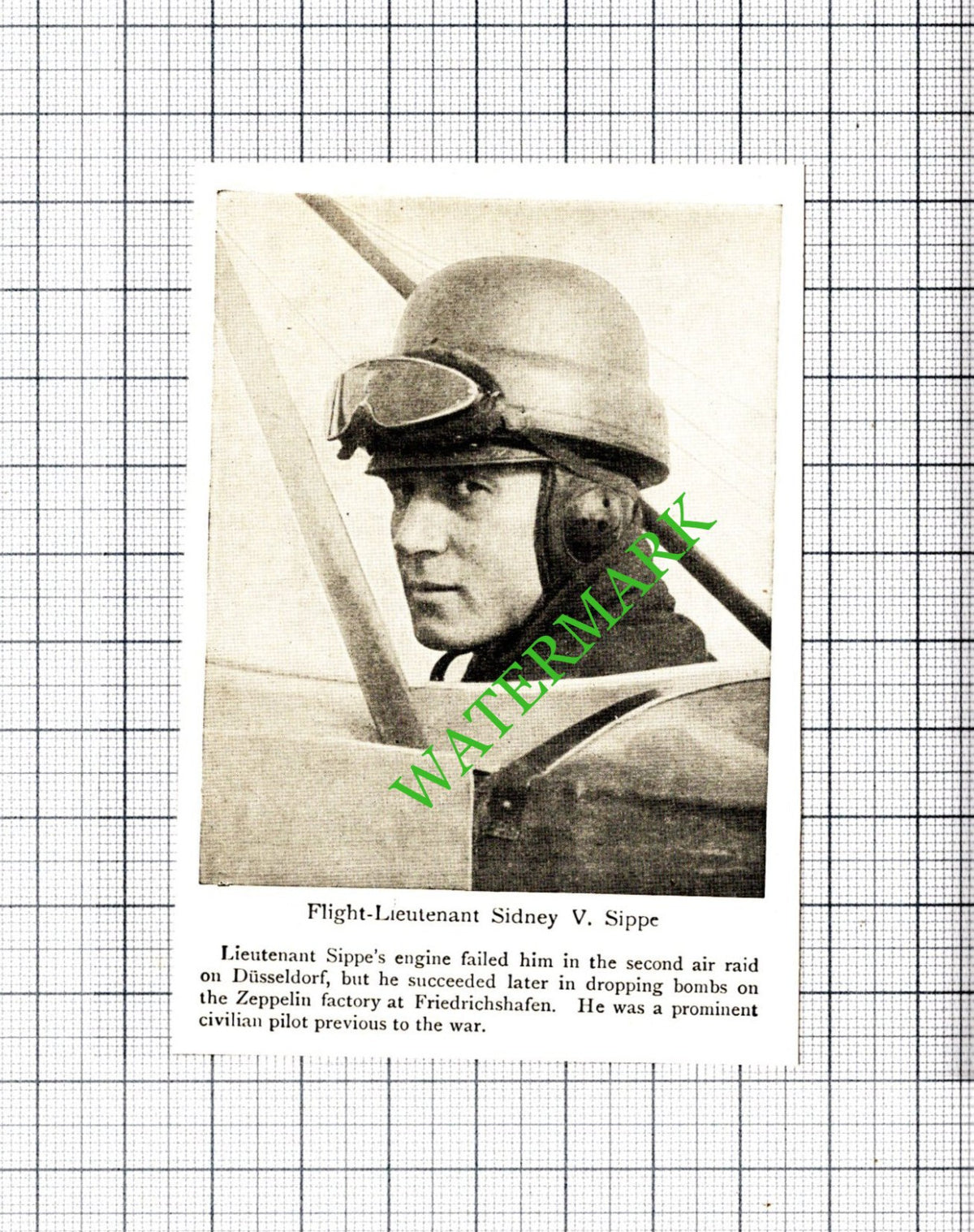 Fl Lt Sidney V Sippe Zeppelin Dusseldorf Great War- c.1920 Small Cutting