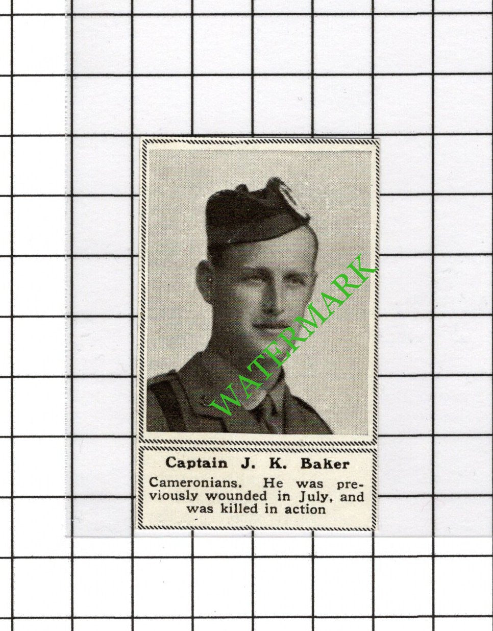 Captain J K Baker Cameronians Great War WW1 - 1918 SMALL Cutting