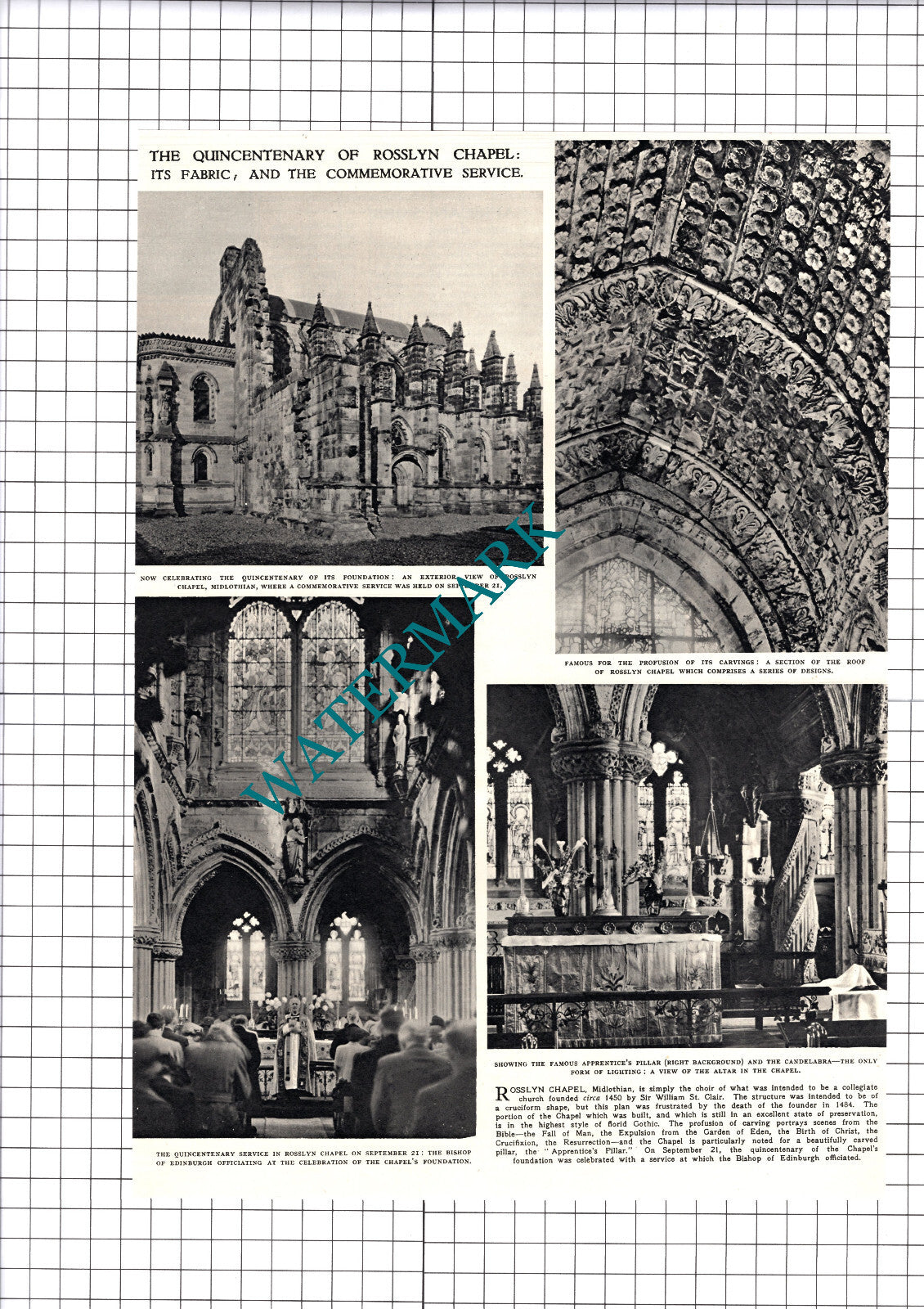 Rosslyn Chapel Midlothian Quincentenary Bishop Of Edinburgh 1950 Cutting/ Print