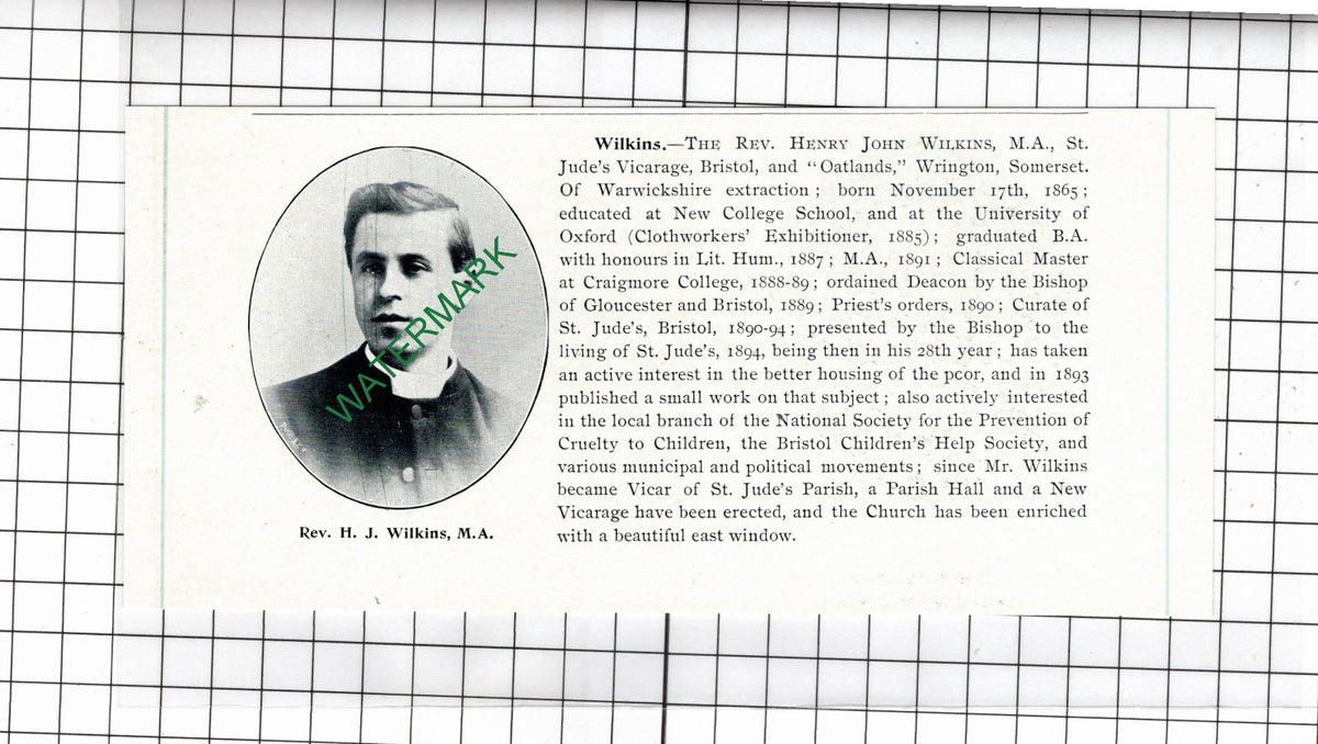 Rev Henry John Wilkins Oatlands Wrington St Jude's Bristol - 1898 Clipping