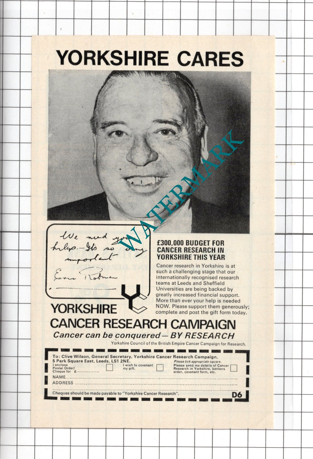 Eric Robinson Yorkshire Cancer Research Advert - 1974 Clipping