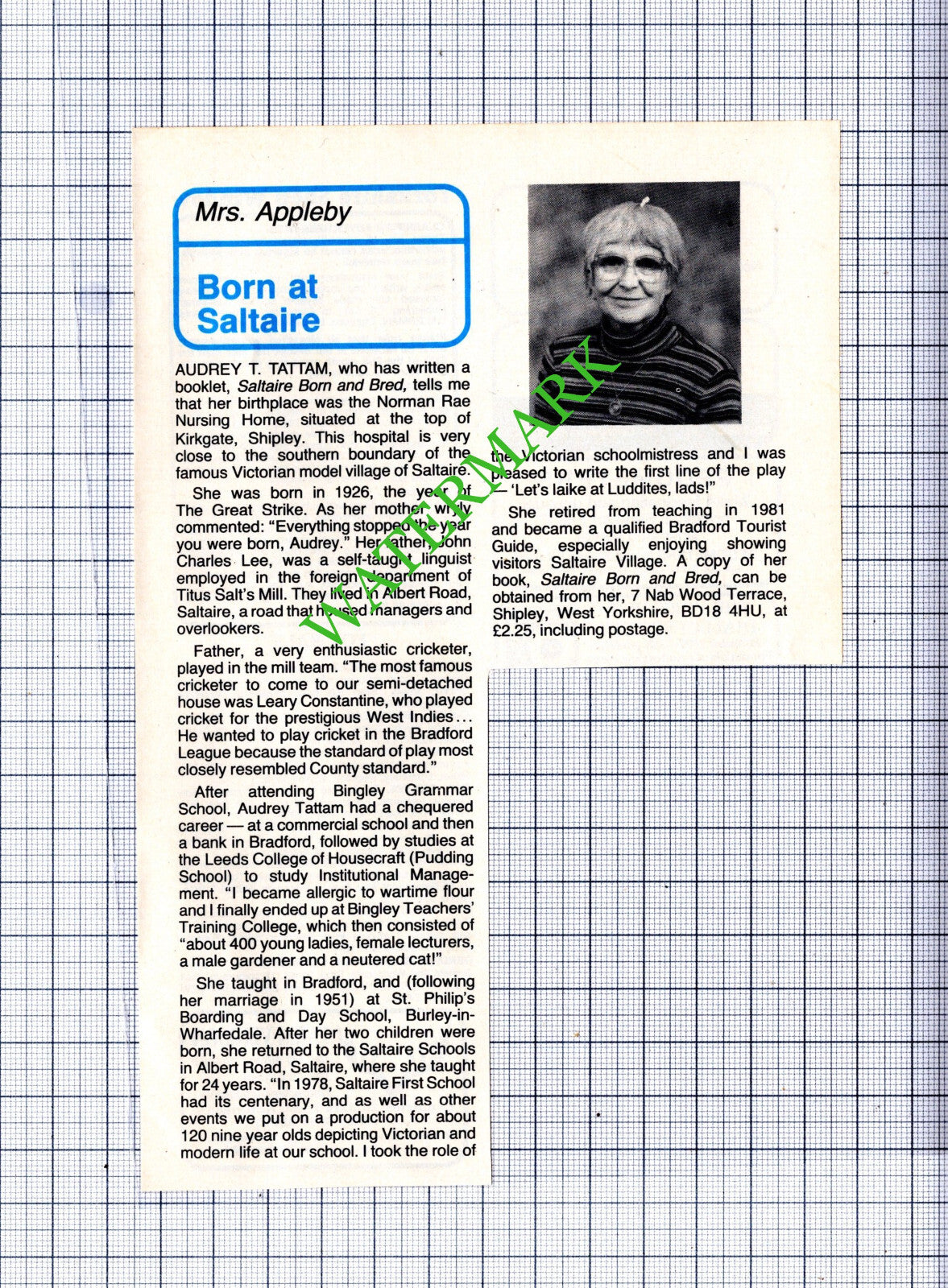 Audrey Tattam Saltaire - c.1986 Cutting