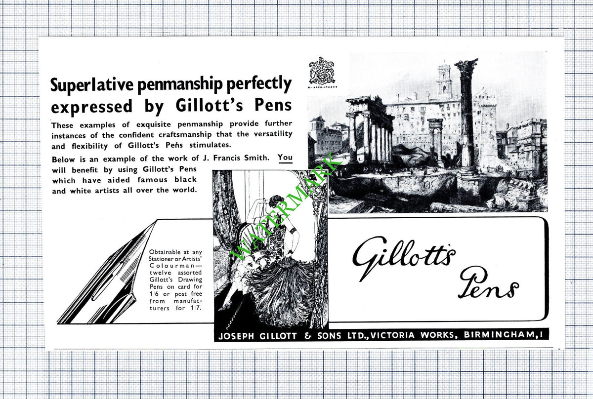 J Francis Smith Joseph Gillott & Sons Birmingham Advert -1930s Cutting / Print