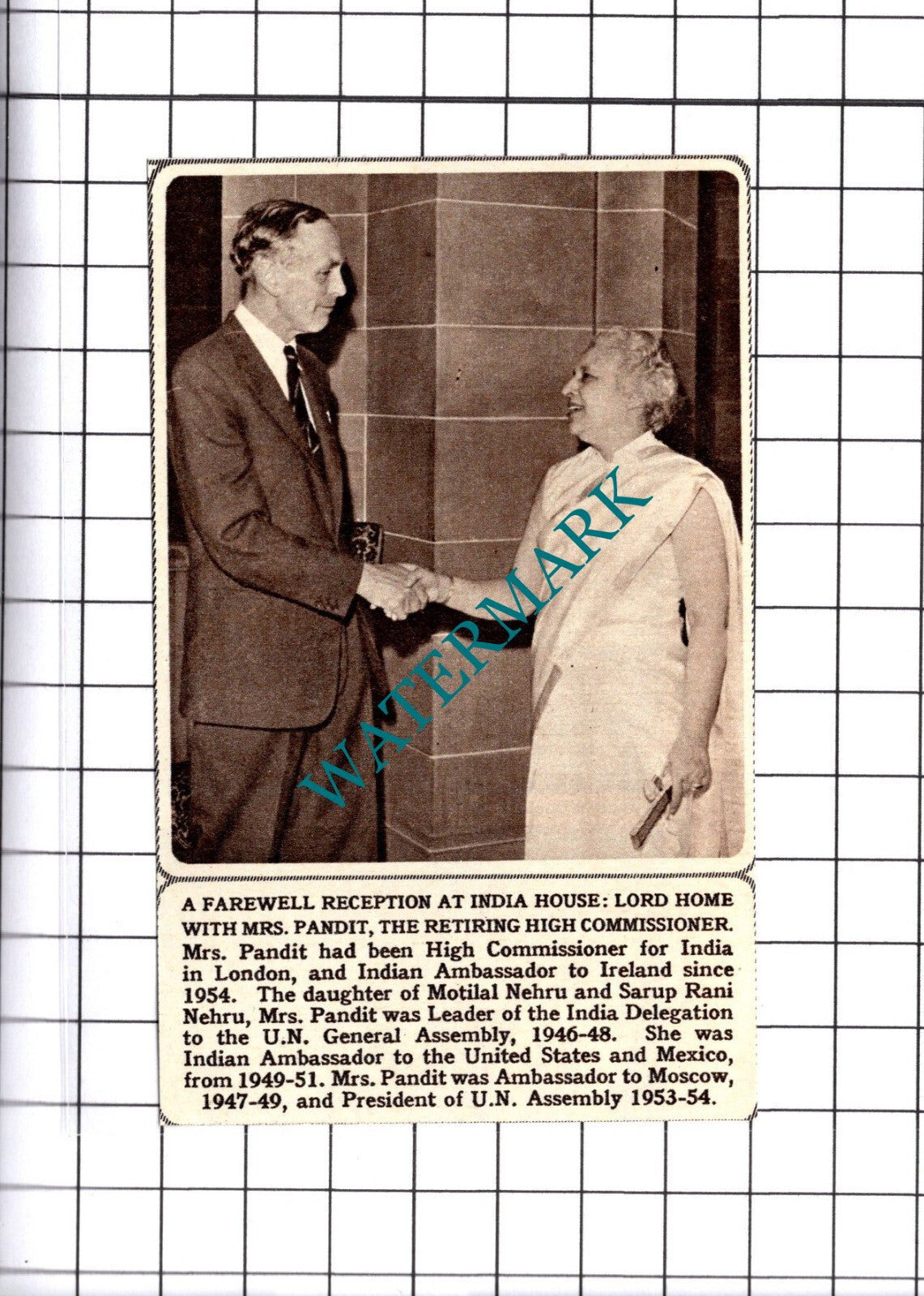 Lord Home Mrs Pandit High Commissioner India - 1961 Small Cutting