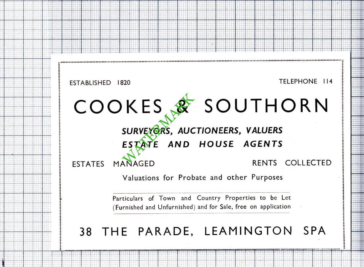 Cookes & Southorn Leamington Spa Surveyors Small Advert - 1930's Cutting