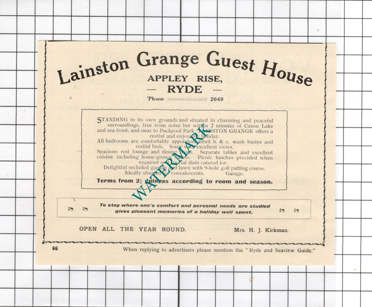 Young's Hotel Ryde Isle Of Wight Watson / Lainston Grange Kirkman - 1938 Advert