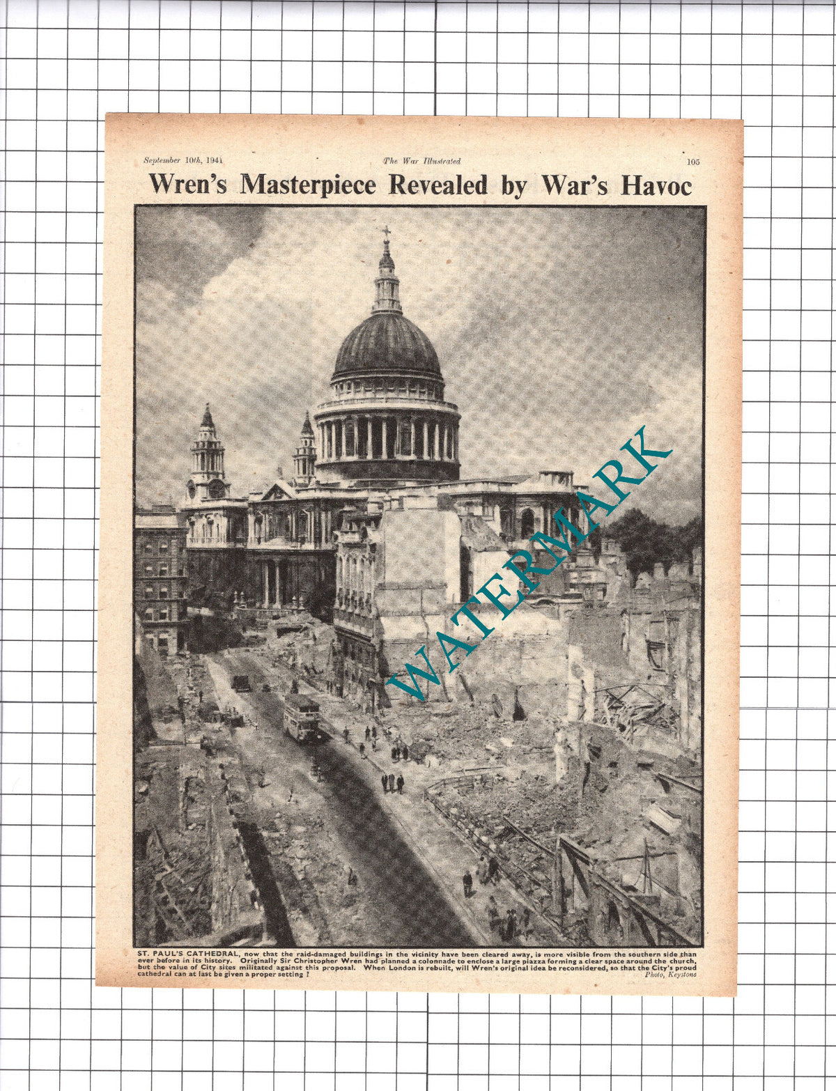 St Paul's Cathedral London World War Two Damage WW2 - 1941 Clipping / Print