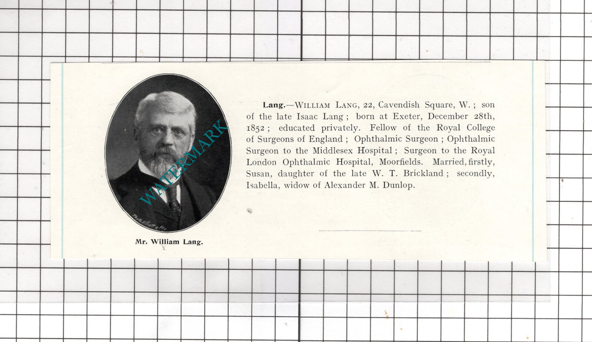 Surg Gen Alfred Keogh Dublin / William Lang Exeter Devon - c.1910 Cutting