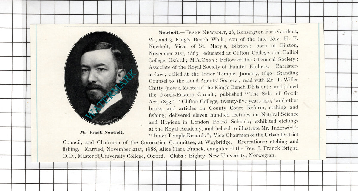 Mr Frank Newbolt London Bilston - c.1905 Clipping