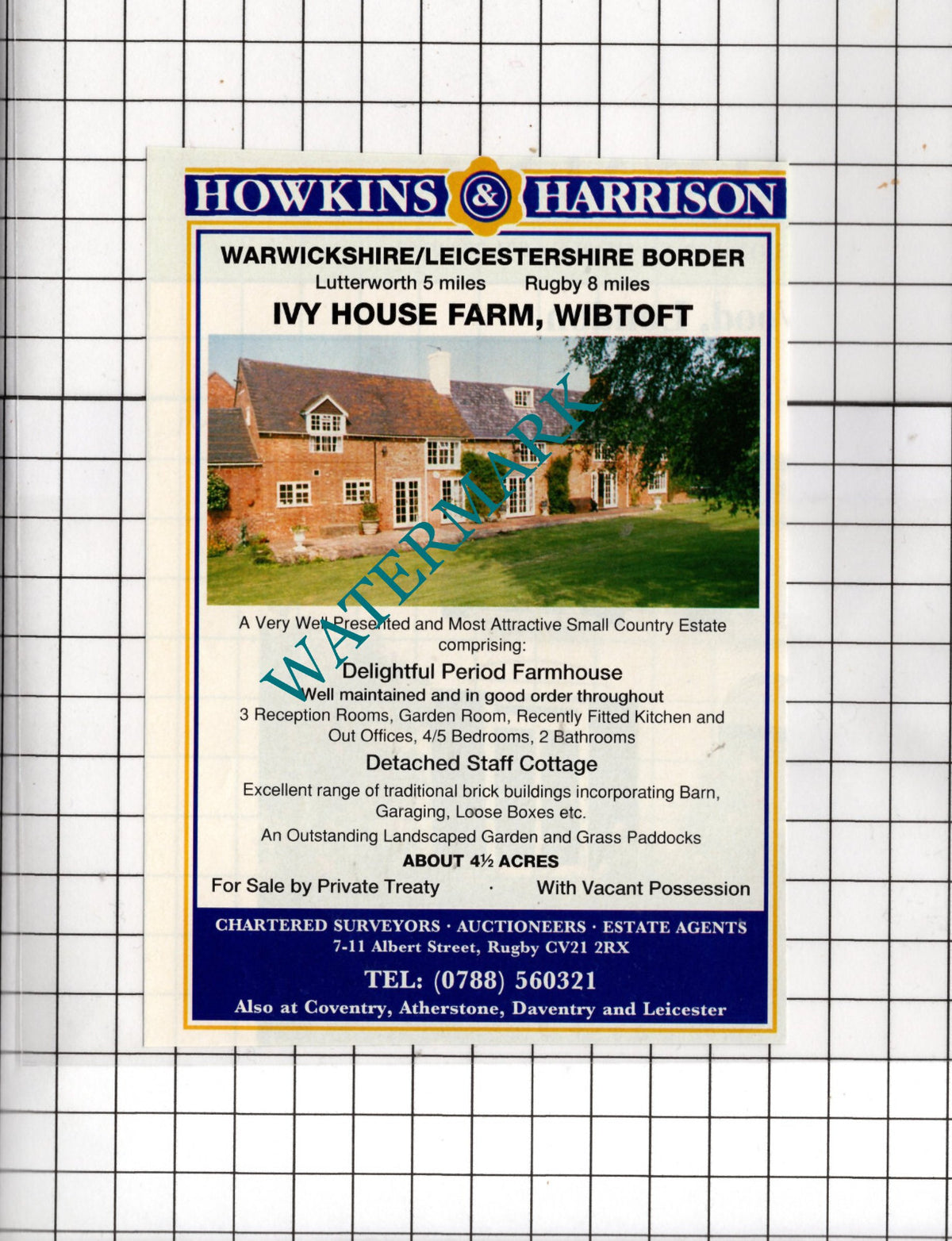 Ivy House Farm Wibtoft Warwickshire House Sale Advert -1991 Small Cutting
