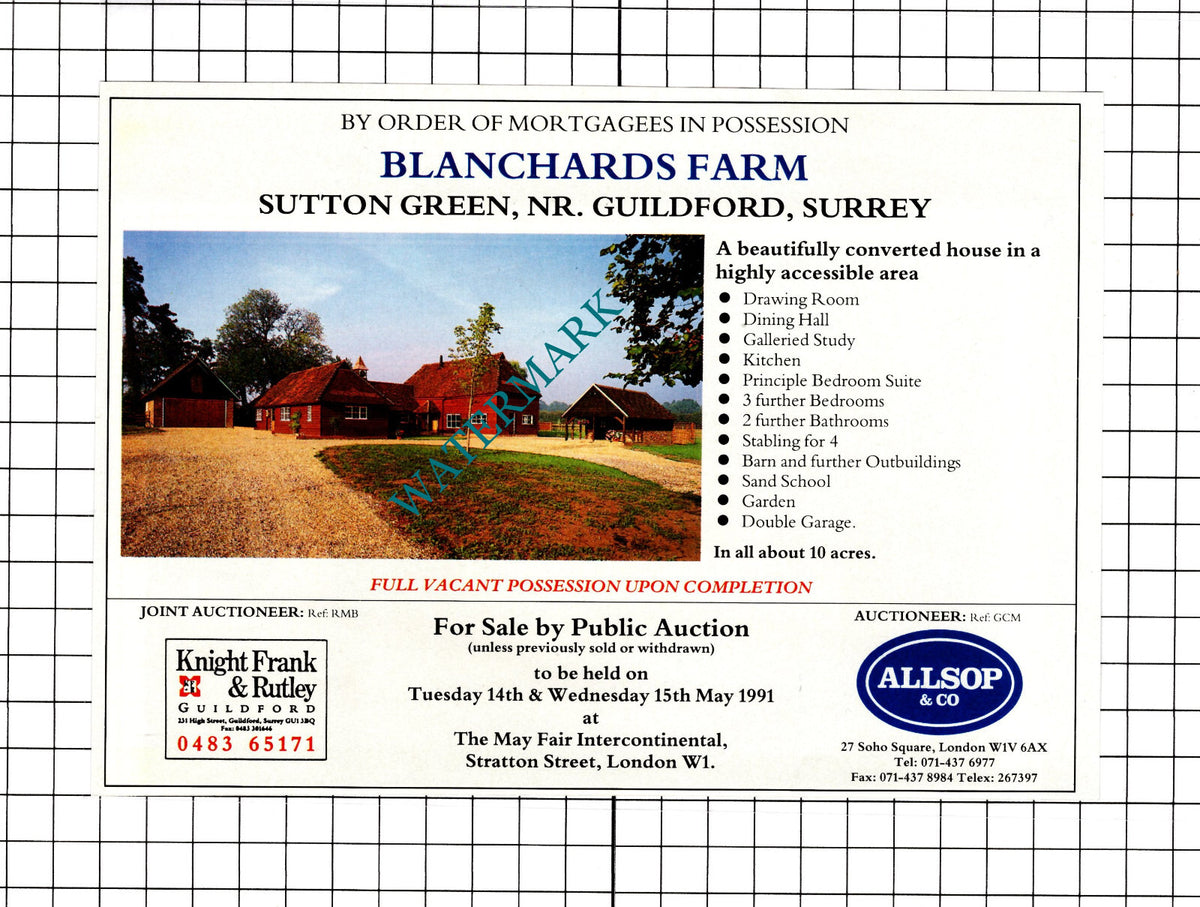 Blanchards Farm Sutton Green Surrey Sale Advert - 1991 Clipping / Print