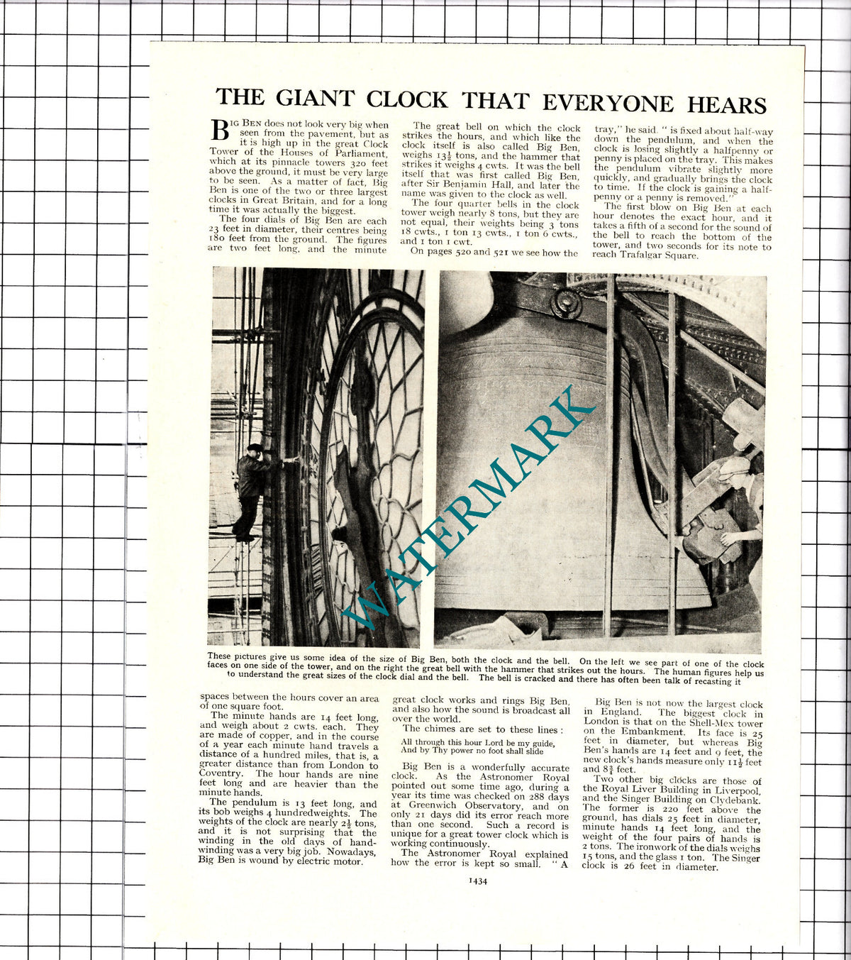 Big Ben Clock Tower London- c.1950s Clipping / Print