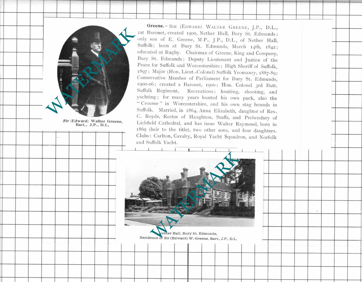 Sir Edward Walter Greene Nether Hall Bury St Edmunds - 1911 2-Part Clipping