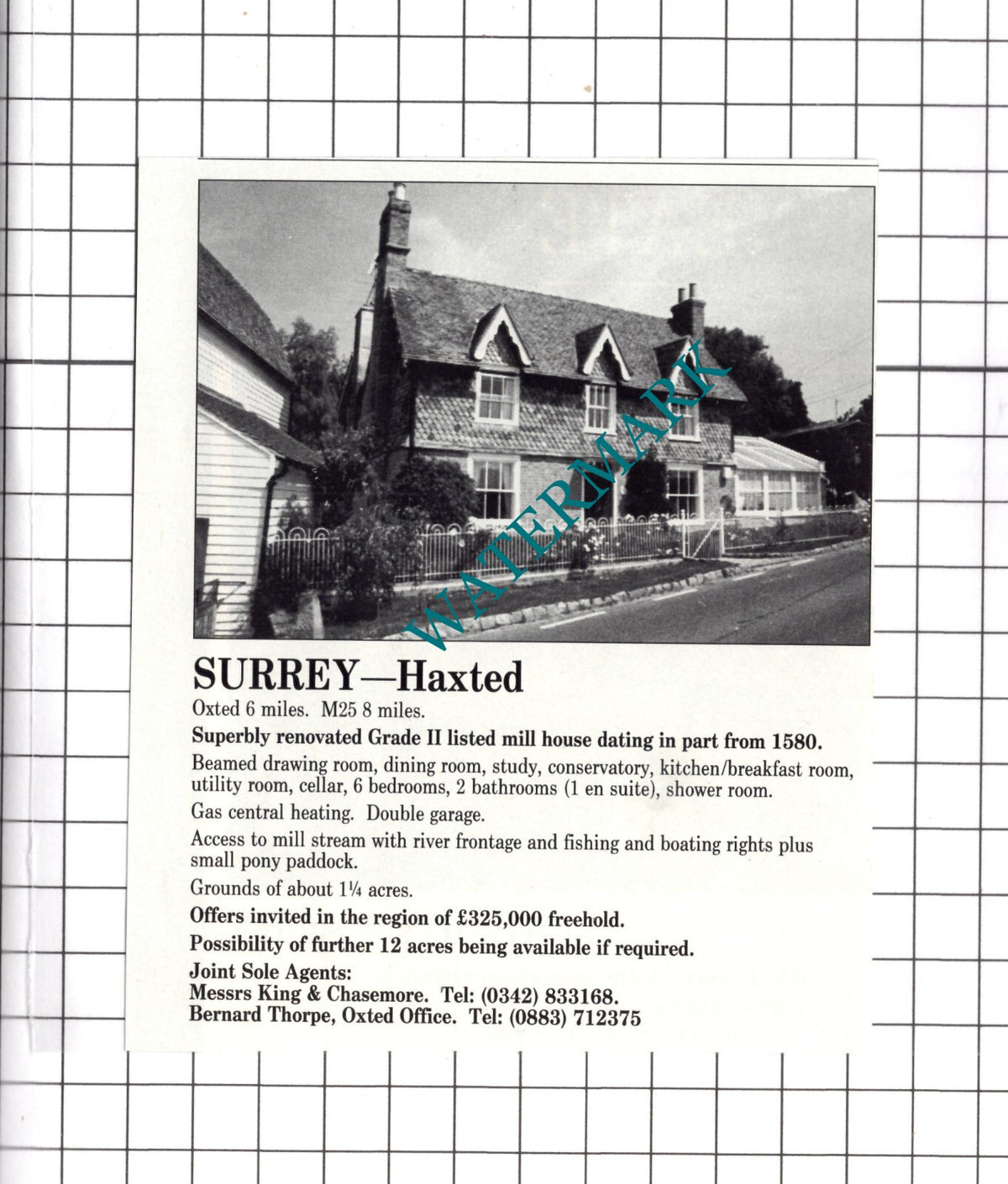 Haxted Surrey Mill House Sale Advert - 1990 Clipping / Print