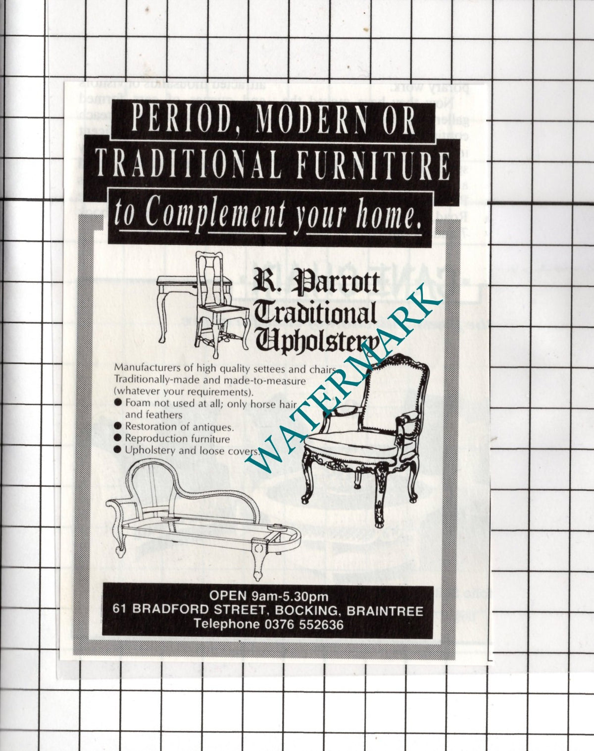 R Parrott Traditional Upholstery Bocking Essex - 1991 Small Advert