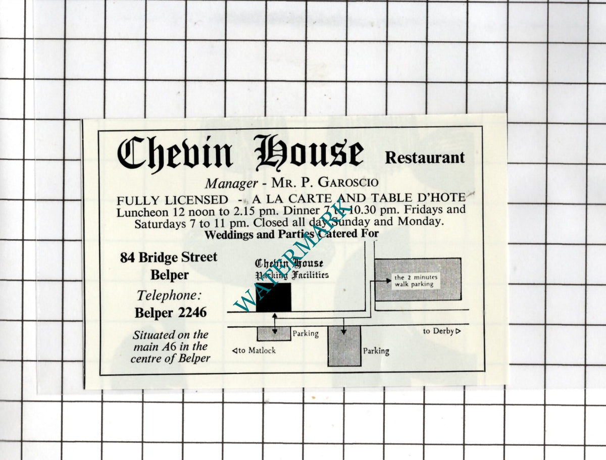 Chevin House Restaurant Belper Derbyshire Garoscio -1978 SMALL Advert
