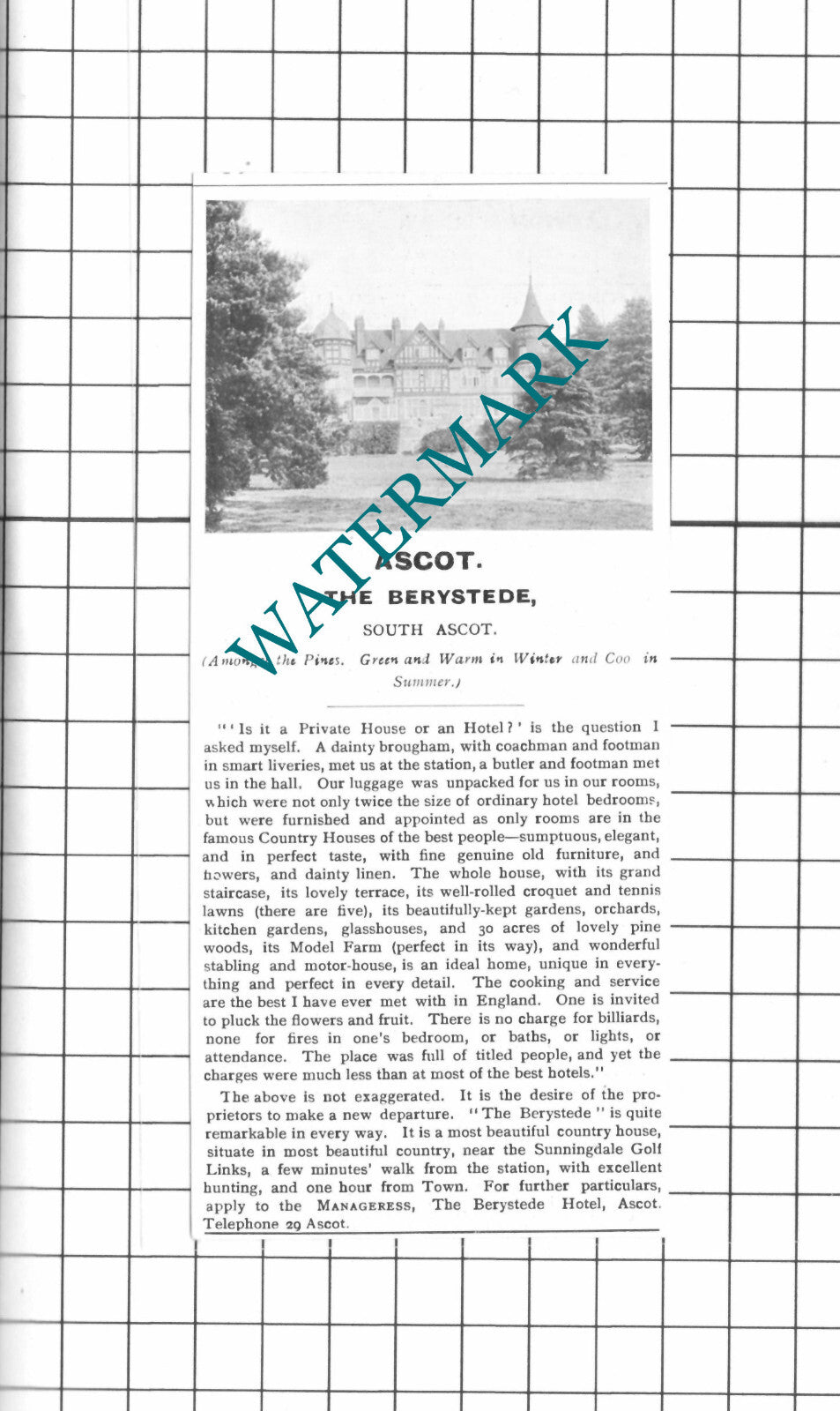 The Berystede Ascot Hotel Advert - 1903 Clipping