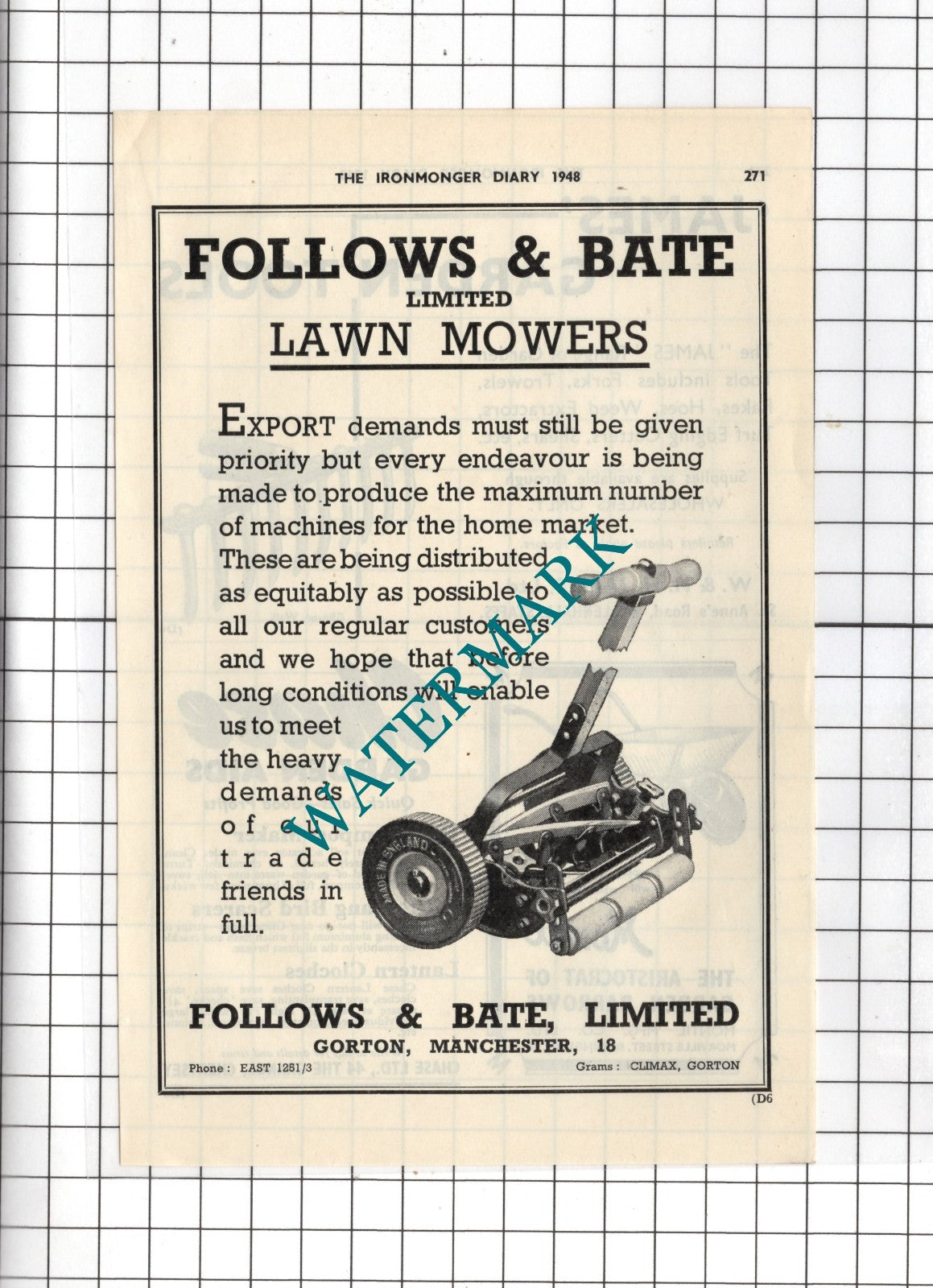 Follows & Bate Ltd Lawn Mowers - 1948 Small Advert