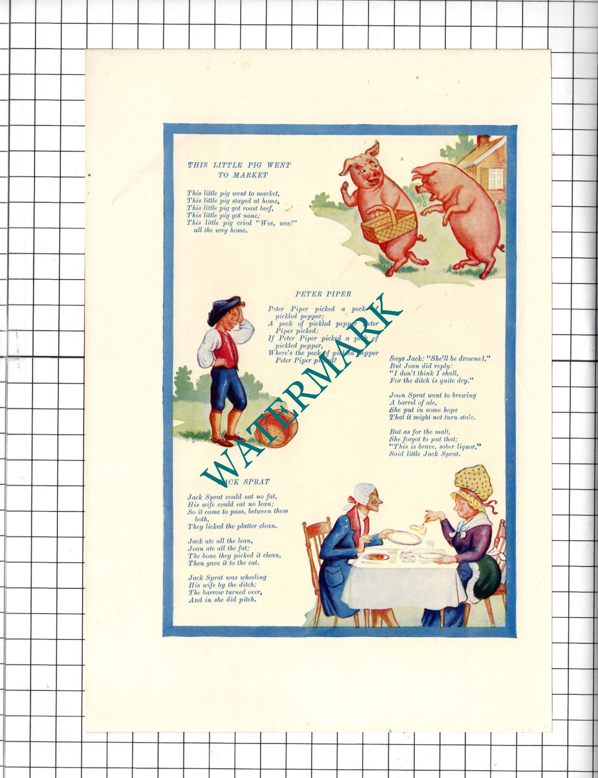Three Little Pigs Peter Piper Jack Sprat Vintage Nursery Rhyme - c.1930's Print
