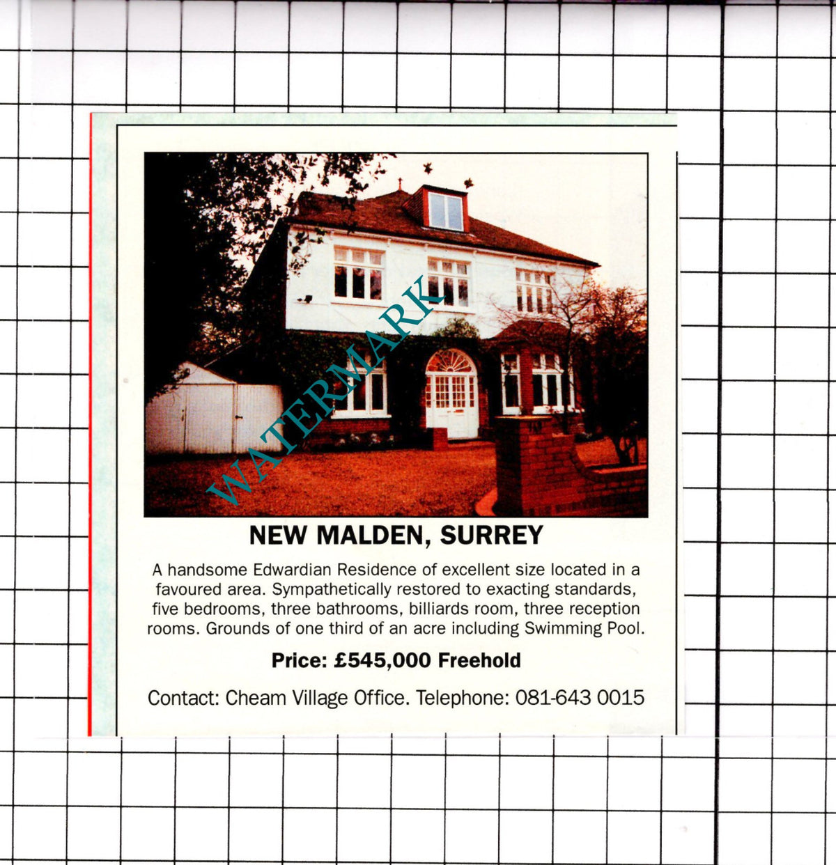 New Malden Surrey House Sale Advert - 1991 Clipping