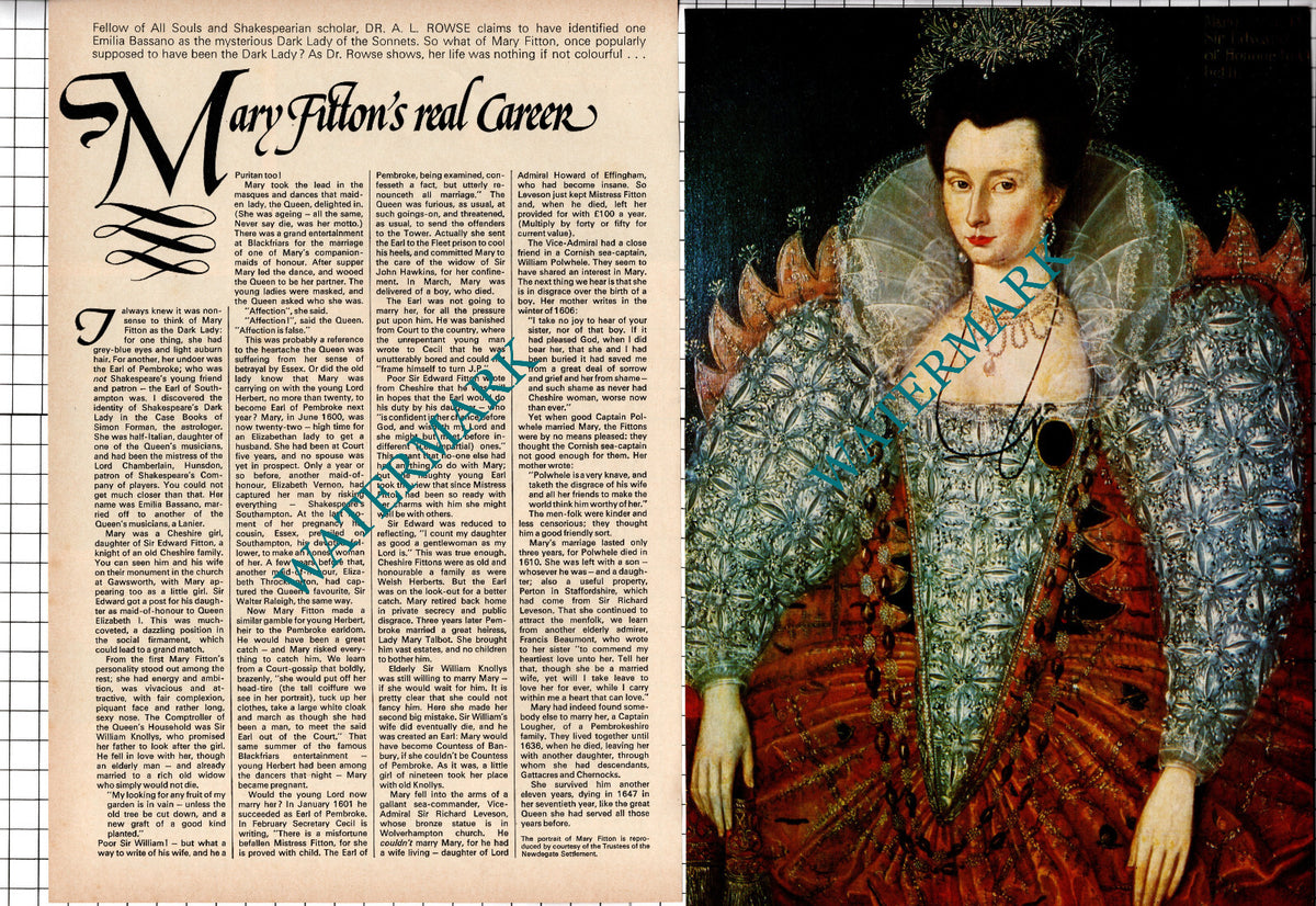 Mary Fitton Dr A L Rowse - 1974 Article