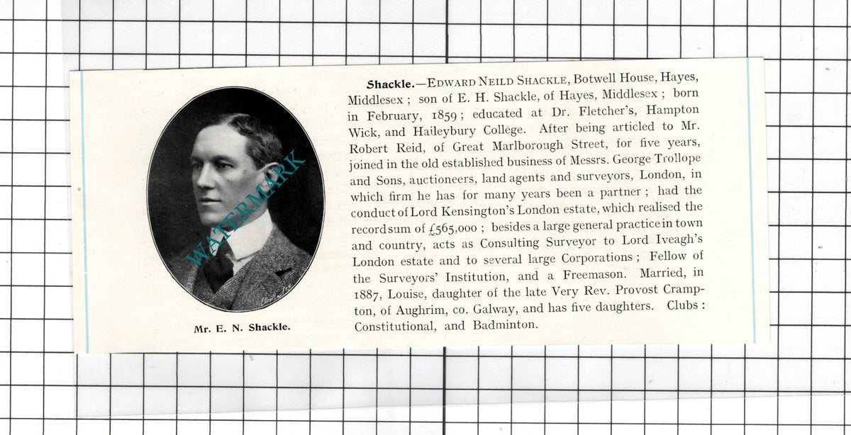 Mr Edward Neild Shackle Botwell House Hayes Middlesex - c.1905 Clipping