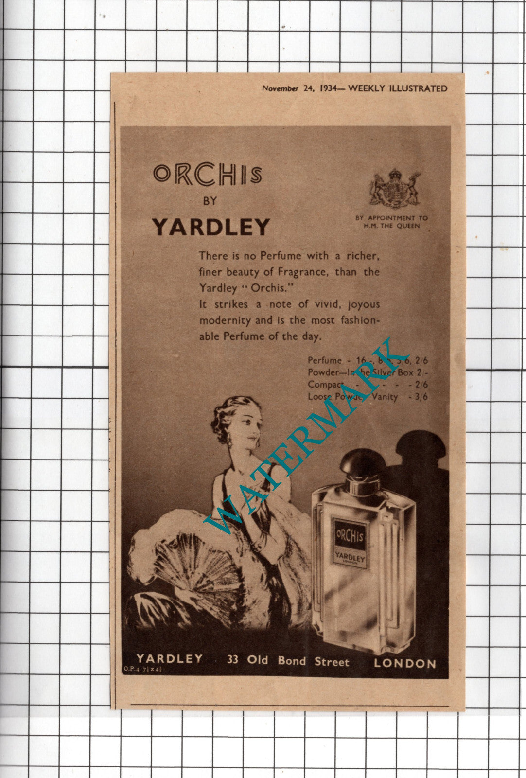 Orchis by Yardley ADVERT - 1934 Small Clipping / Advert