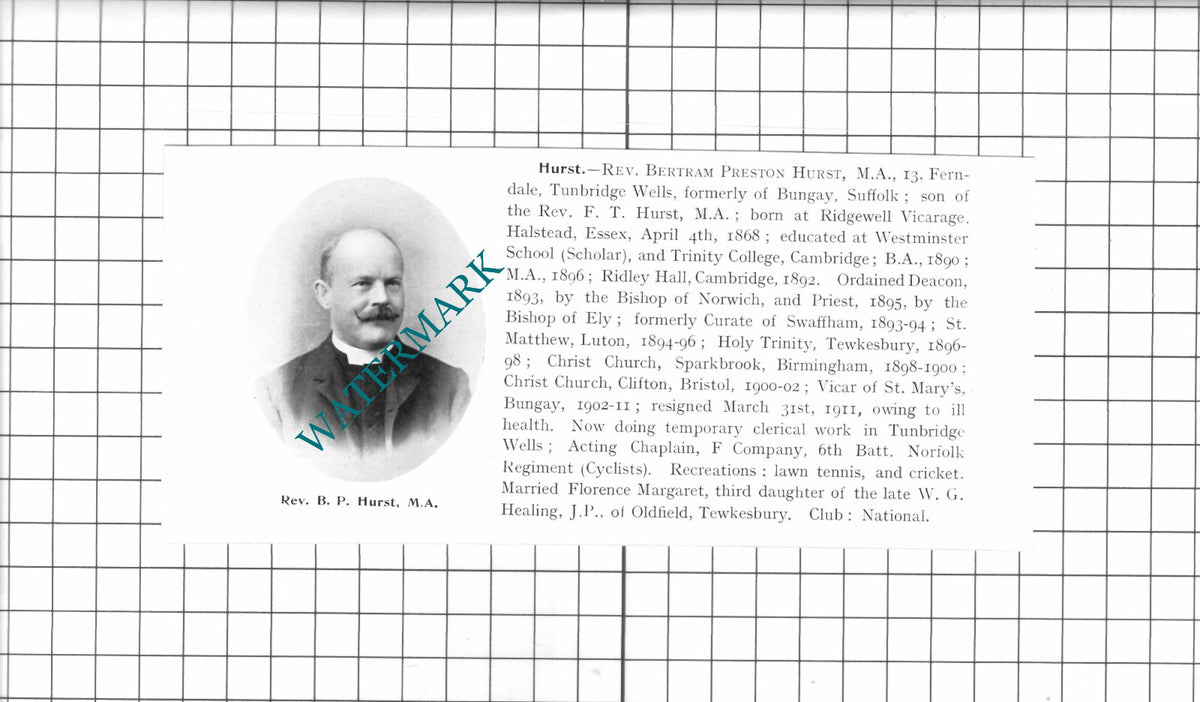 Rev Bertram Preston Hurst Tunbridge Wells Bungay Suffolk - 1911 Clipping