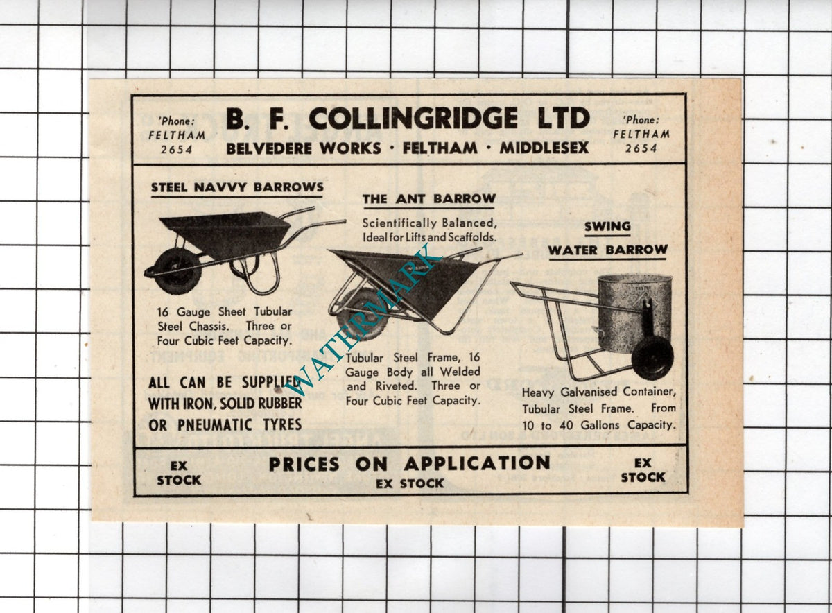 B F Collingridge Ltd Belvedere Works Feltham Middlesex - 1954 Small Advert