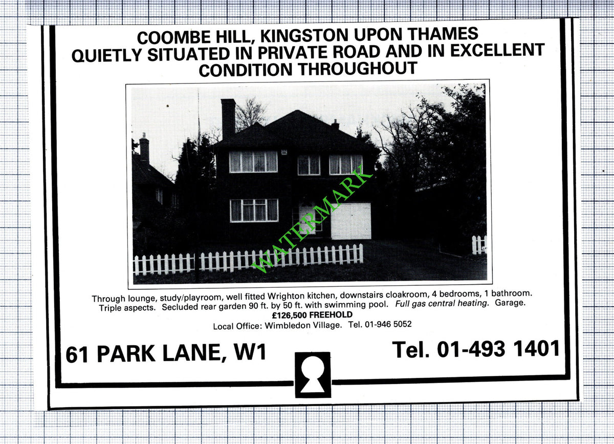 Coombe Hill Kingston Upon Thames House Sale Advert - 1981 Cutting