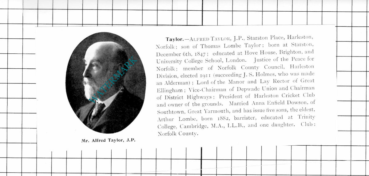 Mr Alfred Taylor Starston Place Harleston Norfolk - 1911 Clipping