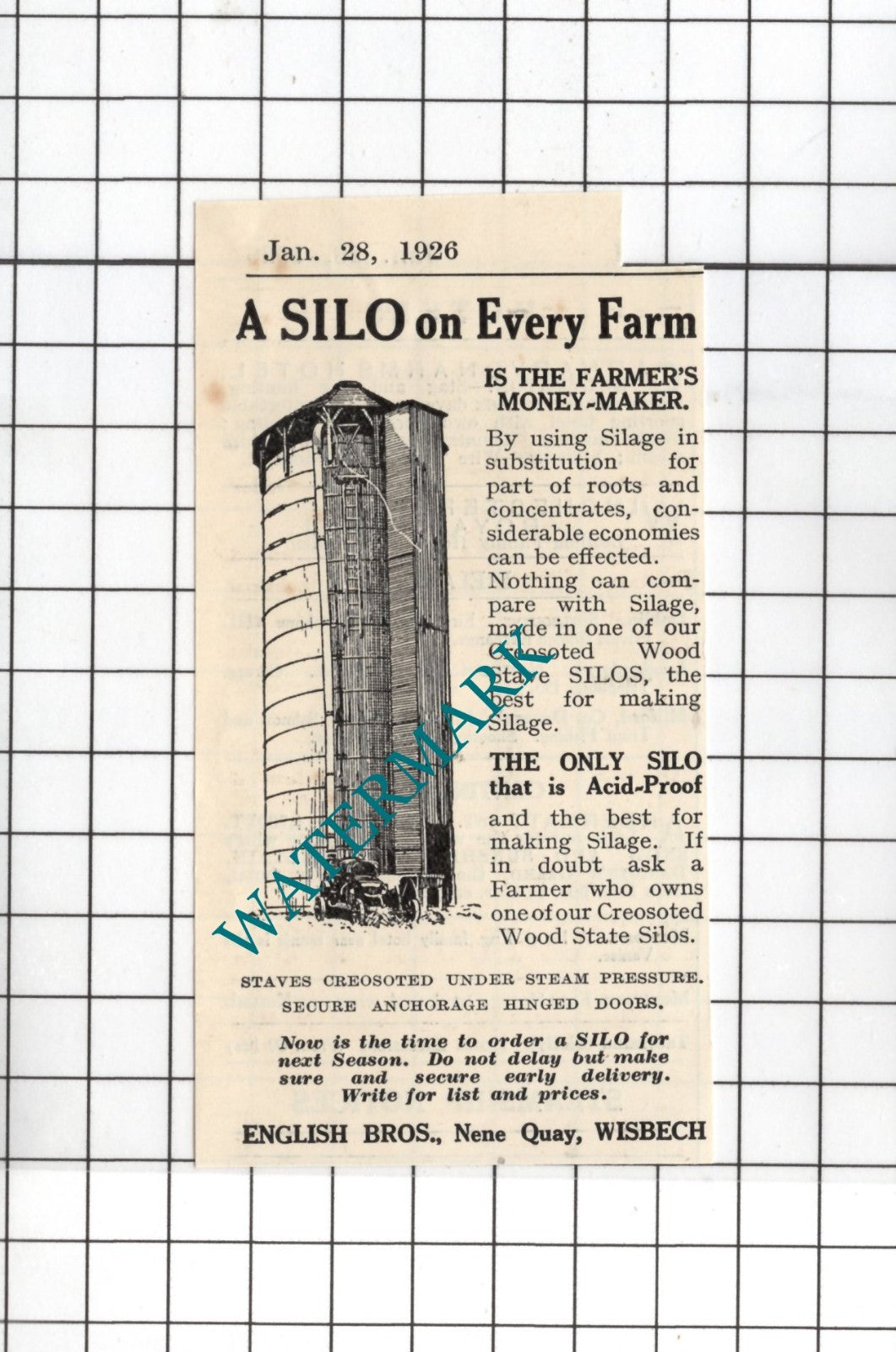 English Bros Nene Quay Wisbech Silo - 1926 SMALL Advert