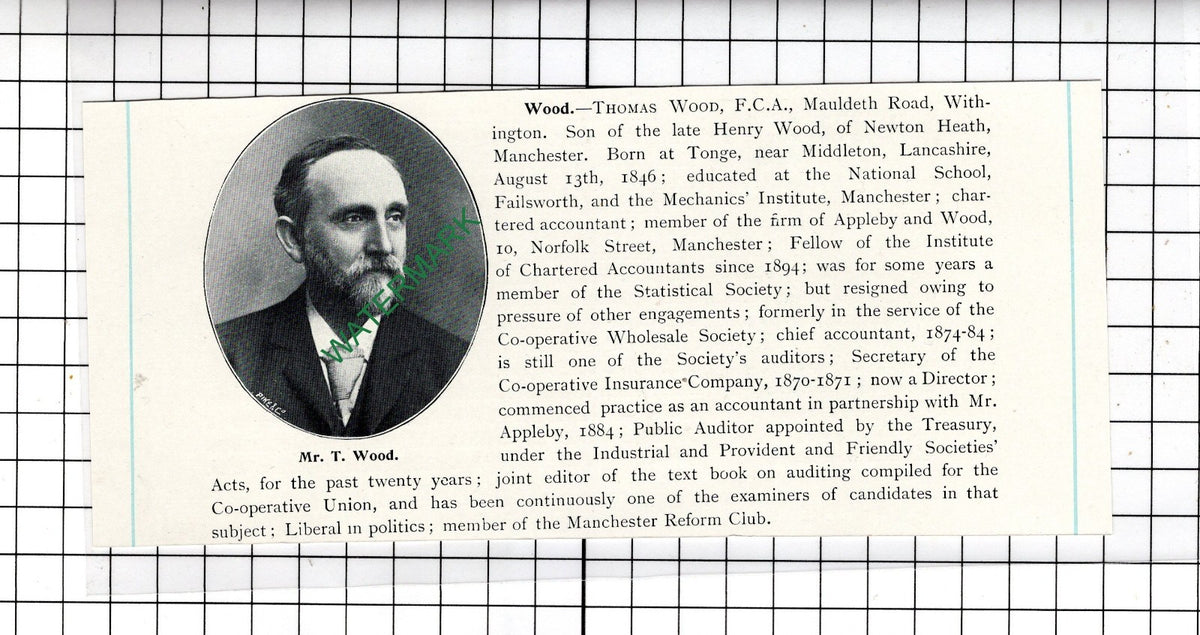 Mr Thomas Wood Tonge Lancashire Withington - c.1905 Clipping