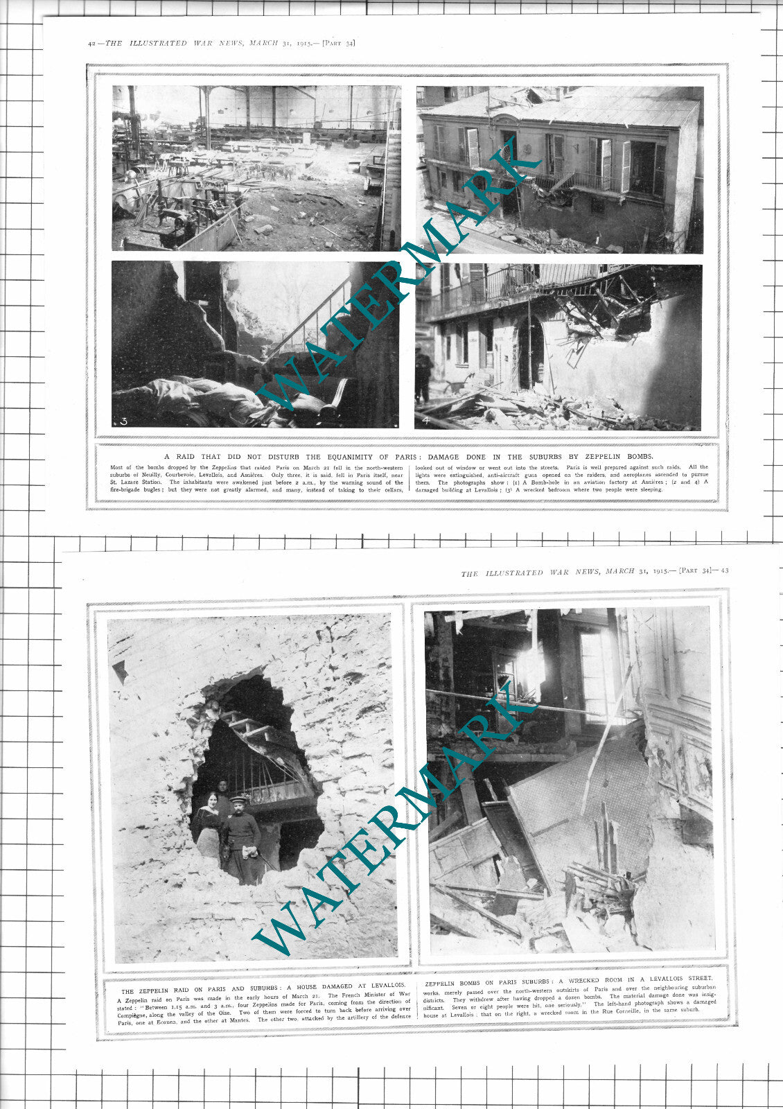 Paris Zeppelin Raids Levallois France WW1 - 1915 Two-Part Clipping / Print