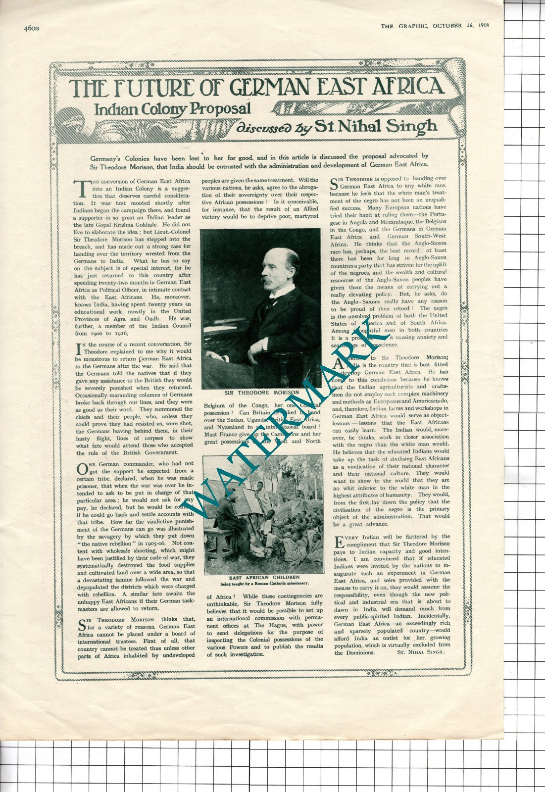 Sir Theodore Morison Indian Colony Proposal St Nihal Singh WW1 - 1918 Article